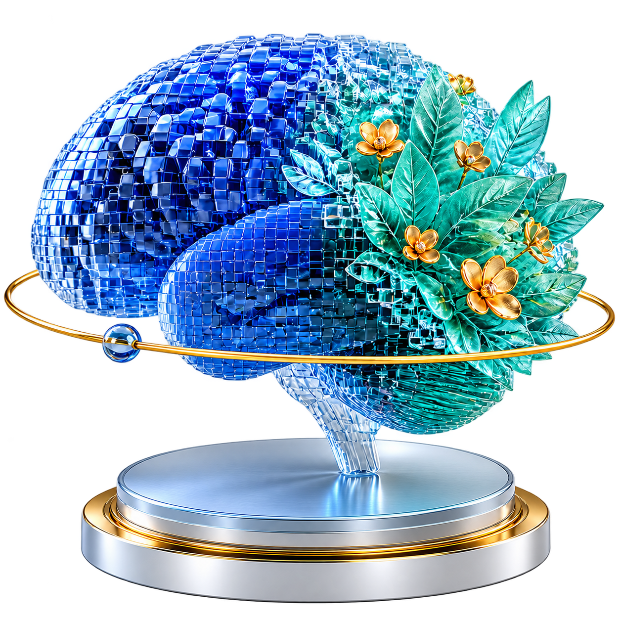 Ícone 3D de um cérebro cristalino transformando-se em folhas e flores